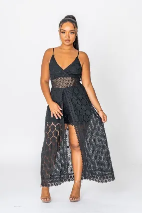 Black embroidery and straps veiled jumpsuit