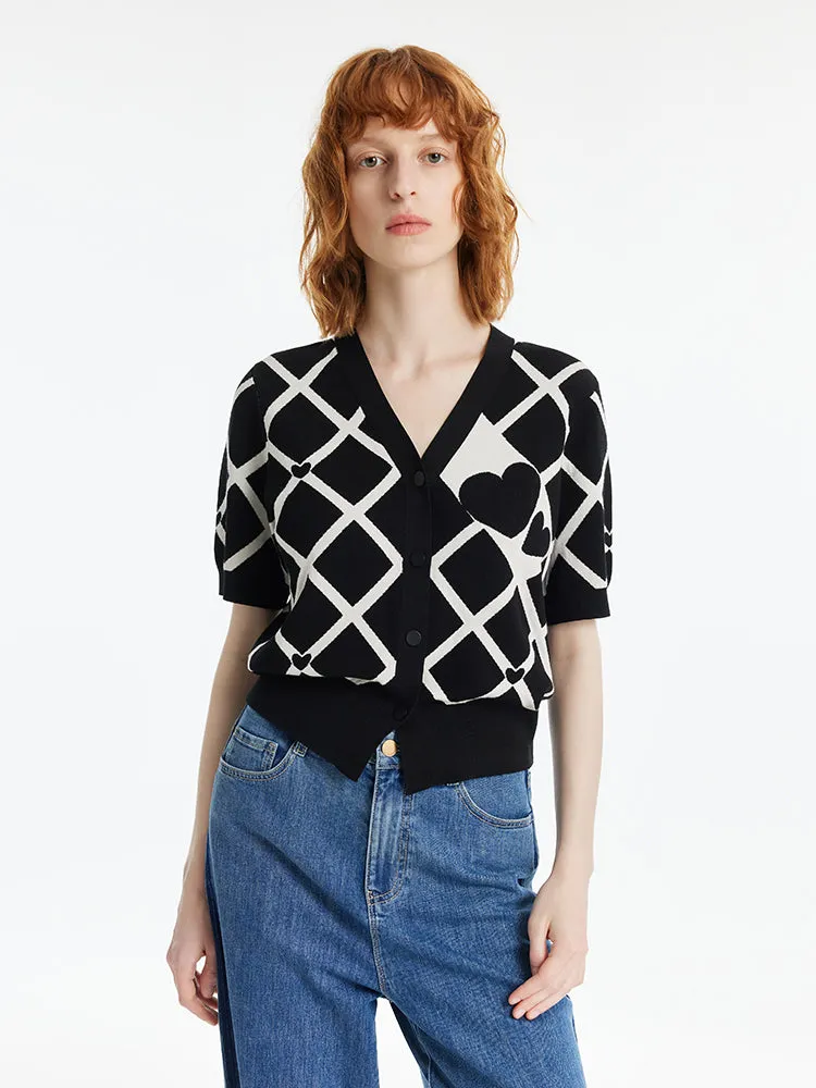 Cardigan femme en jacquard à carreaux et col en V