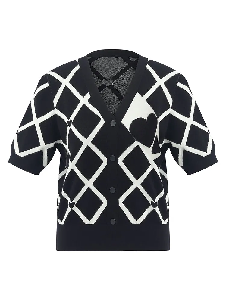 Cardigan femme en jacquard à carreaux et col en V