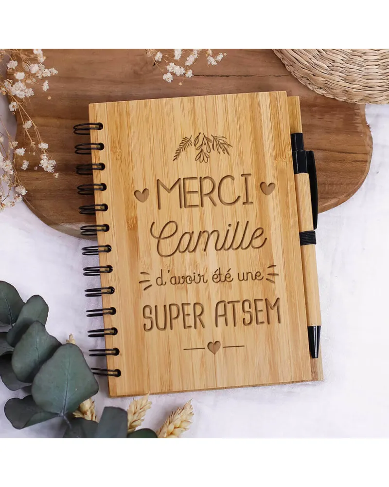 Carnet bambou personnalisé et stylo - Merci atsem
