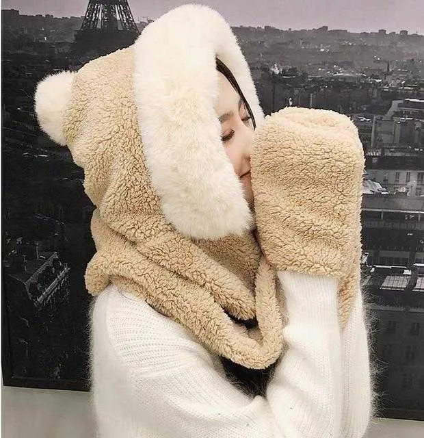 Chapeau double couche en peluche et son écharpe gant