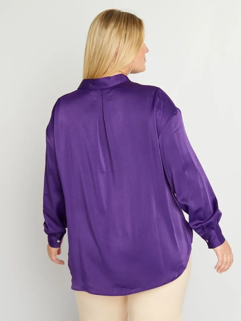 Chemise effet satiné col italien - Violet