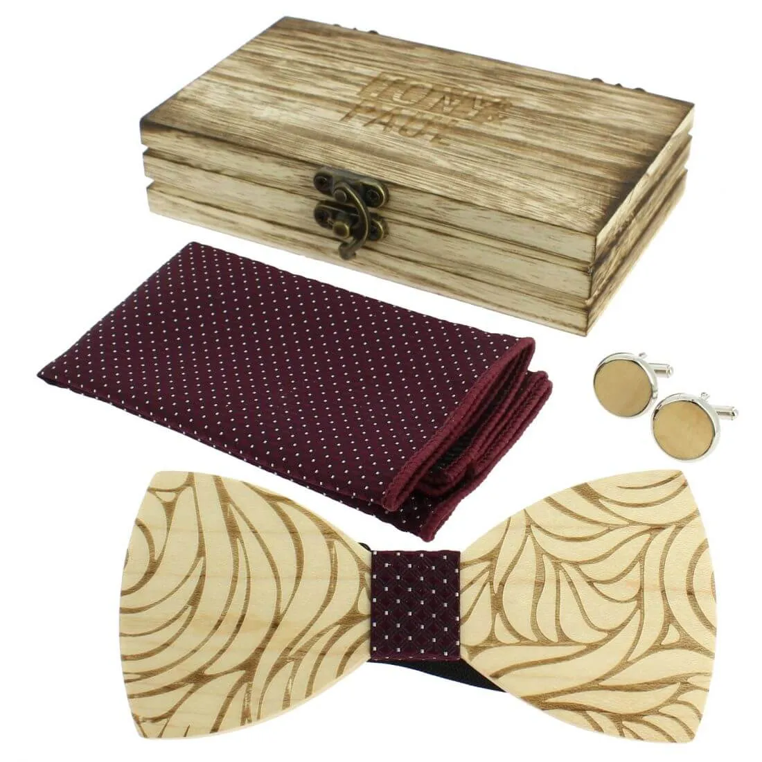 Coffret coeur de rose, Bordeaux, Noeud papillon en bois, pochette et boutons de manchette