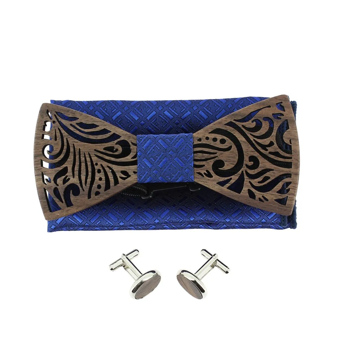 Coffret Feuilles Bleu roi, Noeud papillon en bois et 2 accessoires.