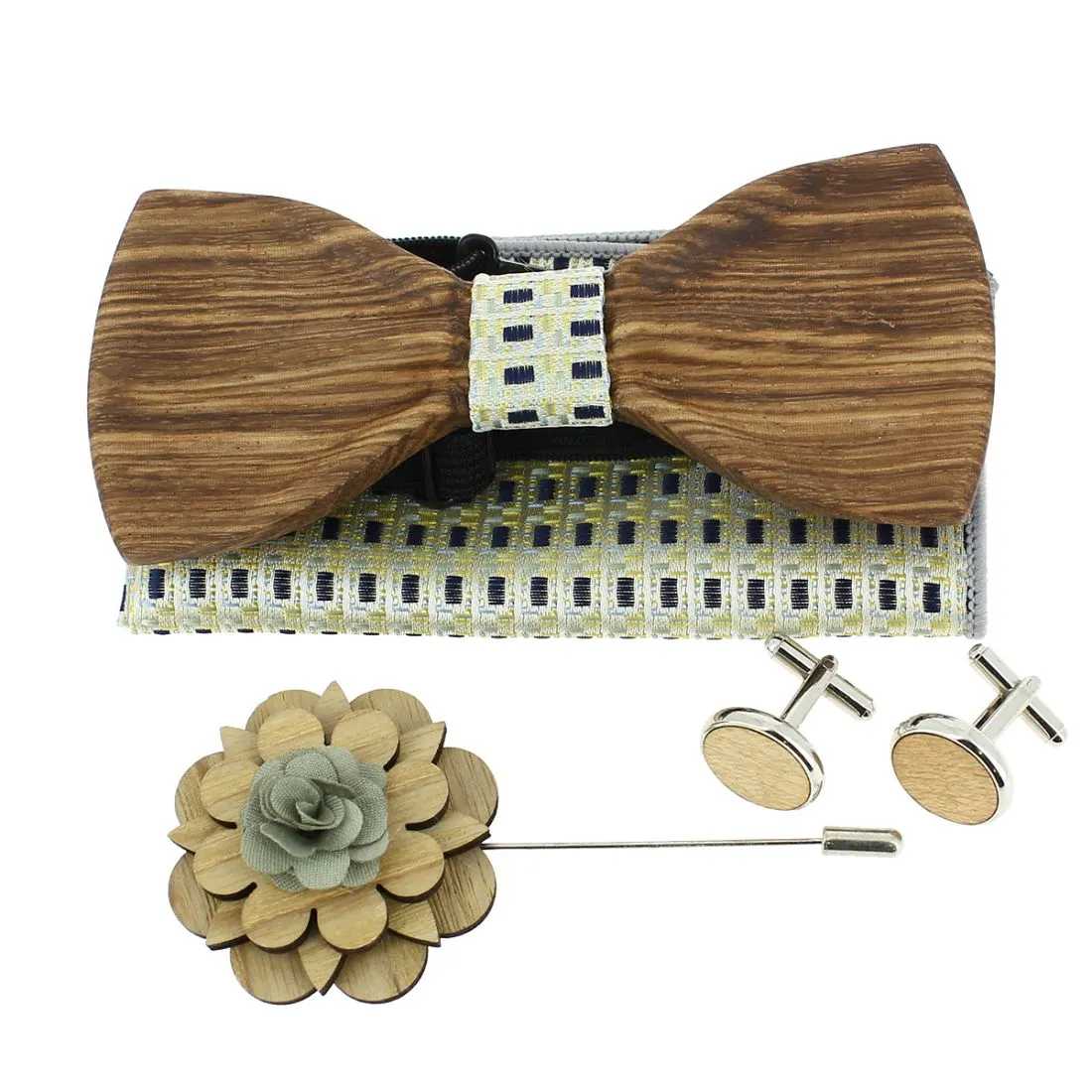 Coffret Manhattan Jaune et Bleu. Noeud papillon en bois avec 3 accessoires.