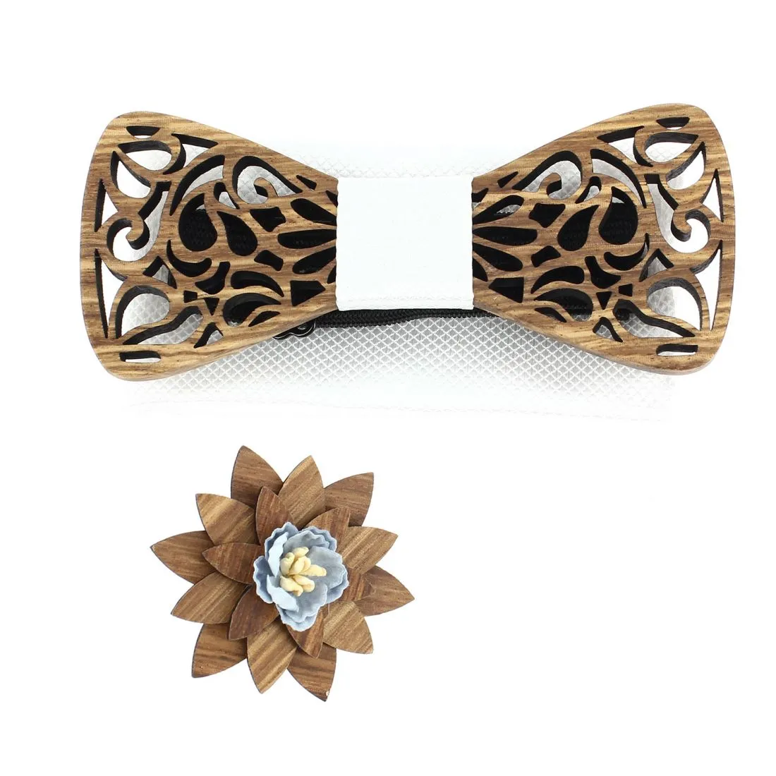 Coffret Volutes sculptées, blanc. Noeud papillon en bois avec 2 accessoires.