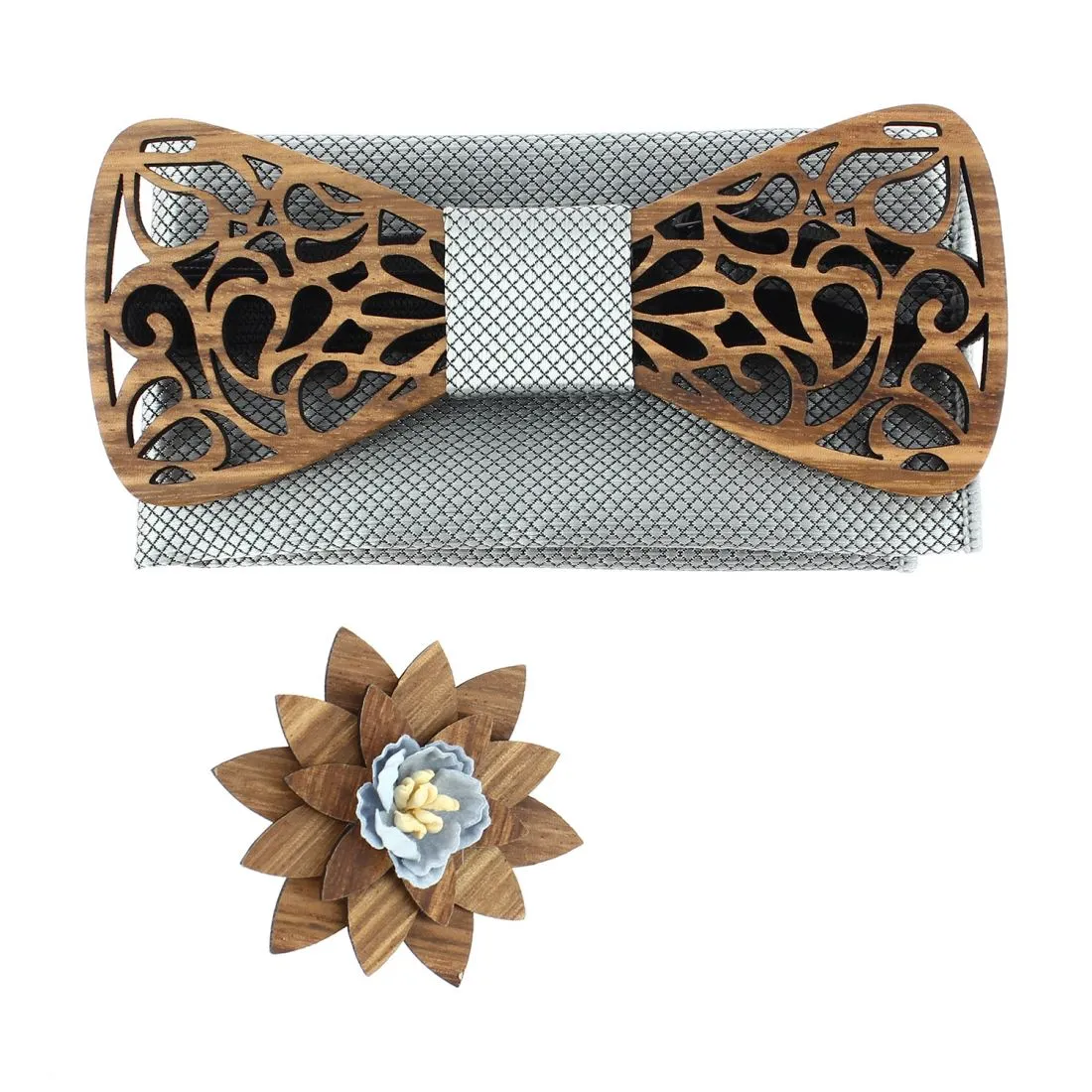 Coffret Volutes sculptées, gris. Noeud papillon en bois avec 2 accessoires.