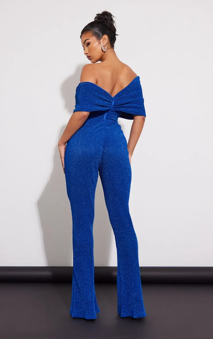 Combinaison plissée bleu vif pailletée à col bardot et barre en V