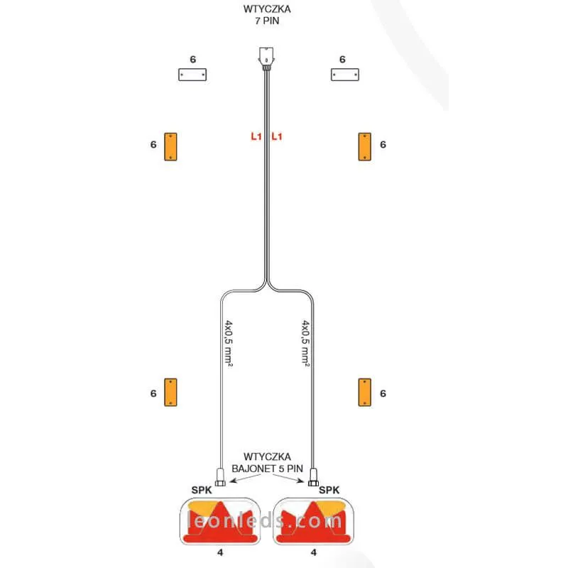 Câblage remorque avec connecteur 7 pôles et 2 connecteurs 5 pôles pour feux arrière | leonleds.com