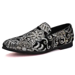 Mocassins effet velours brillant avec broderie fleurie et sequins