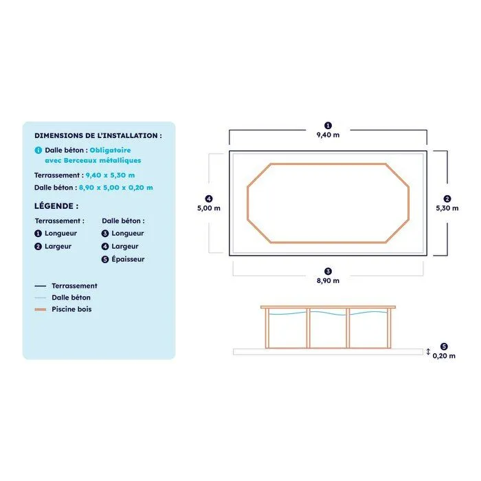 Piscine bois ovale Océa 8,60 x 4,70 x H. 1,30 m - Liner gris