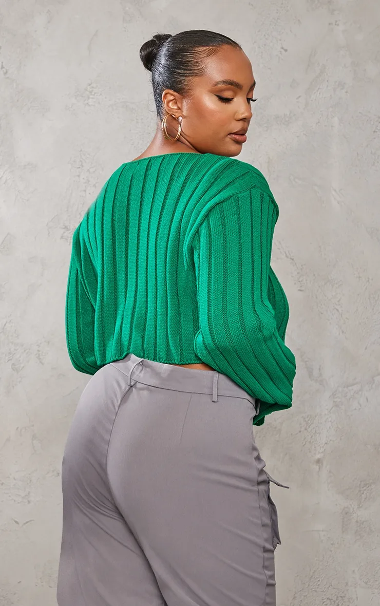 Plus Crop top vert vif en grosse maille à manches longues et ourlet tombant