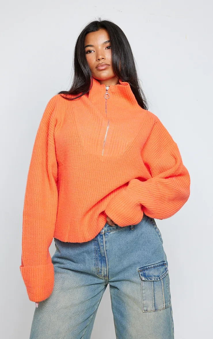 Pull en maille chunky orange vif chiné à demi-zip