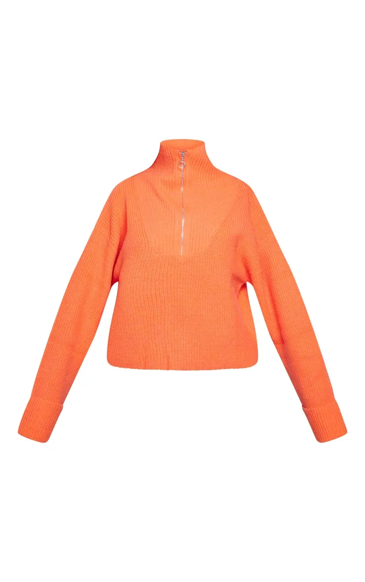 Pull en maille chunky orange vif chiné à demi-zip