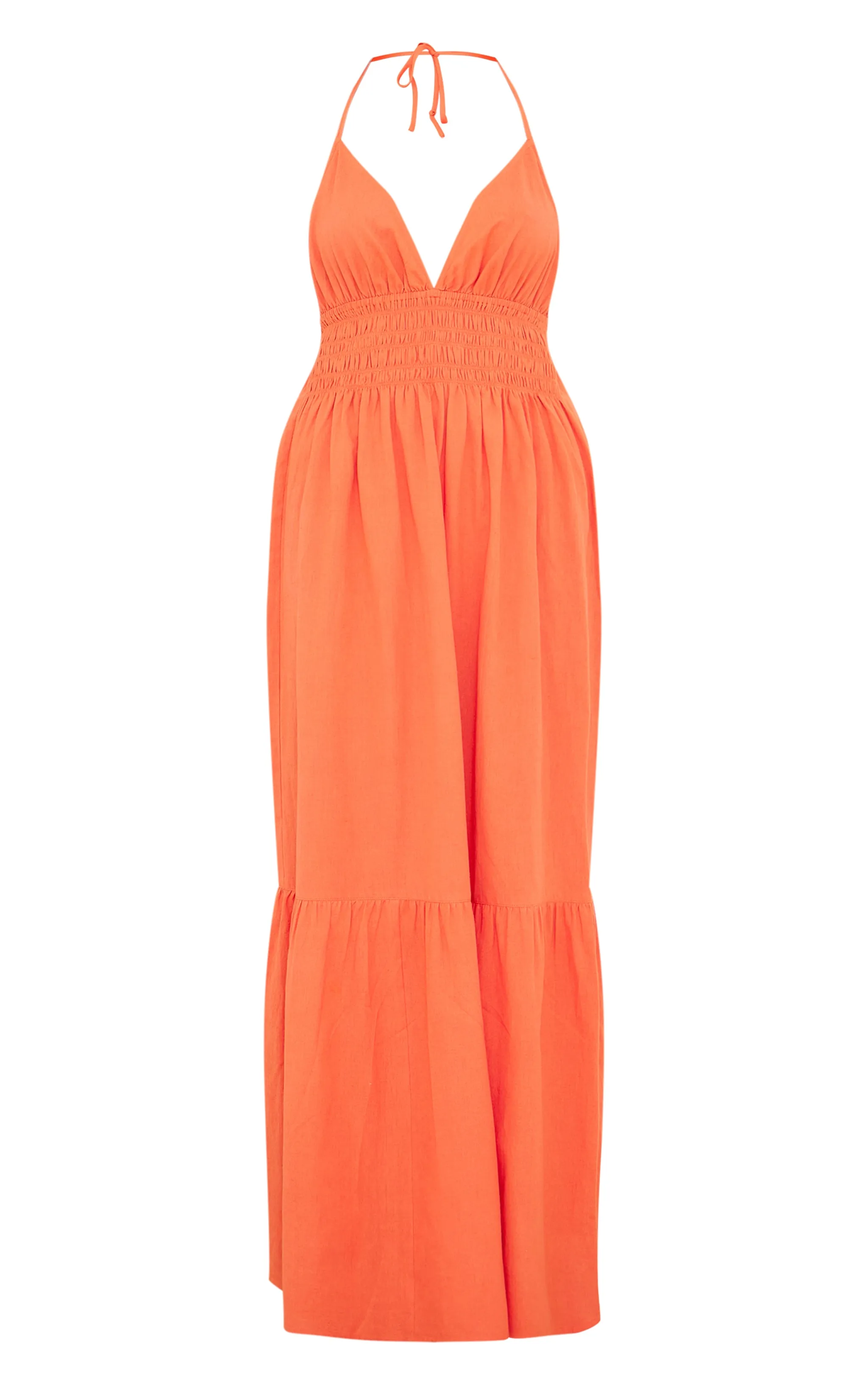 Robe longue dos nu orange vif effet lin décolletée à bretelles