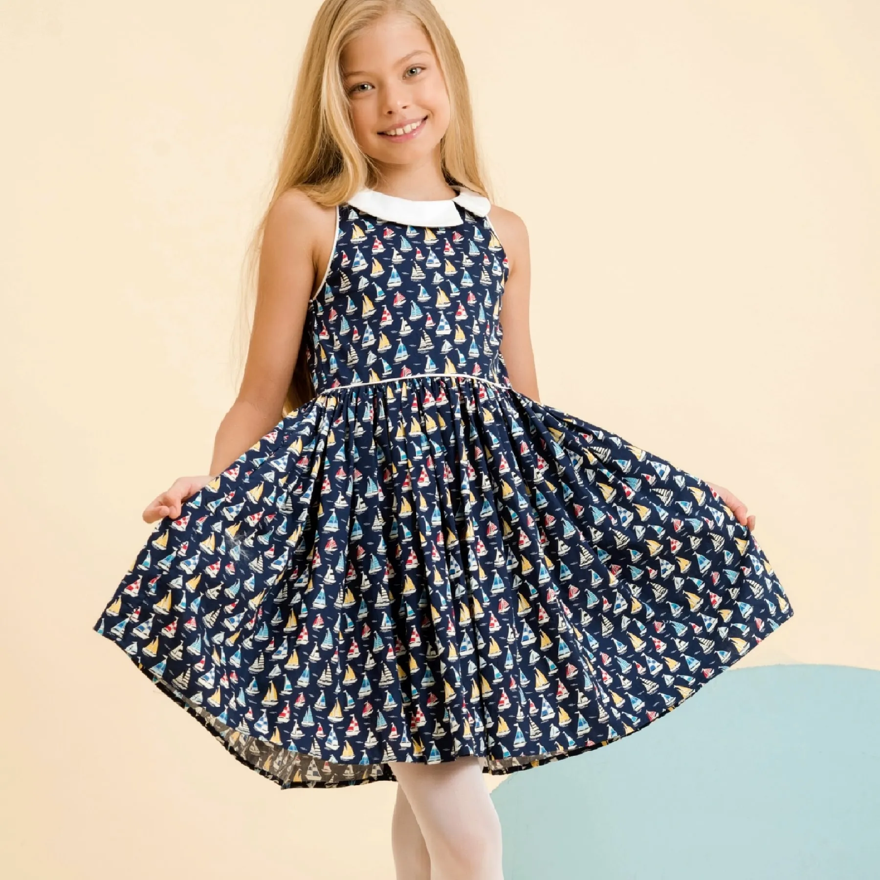 Robe Qui Tourne Fille | Bleu Marine imprimé Voiliers | HEPBURN