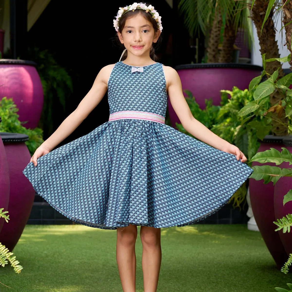 Robe Qui Tourne Fille | Palmiers Bleu Marine | HEPBURN