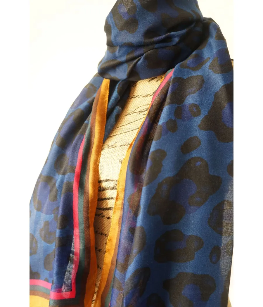 SANTAÏA foulard impression léopard bleu vif bandes camel vert rose