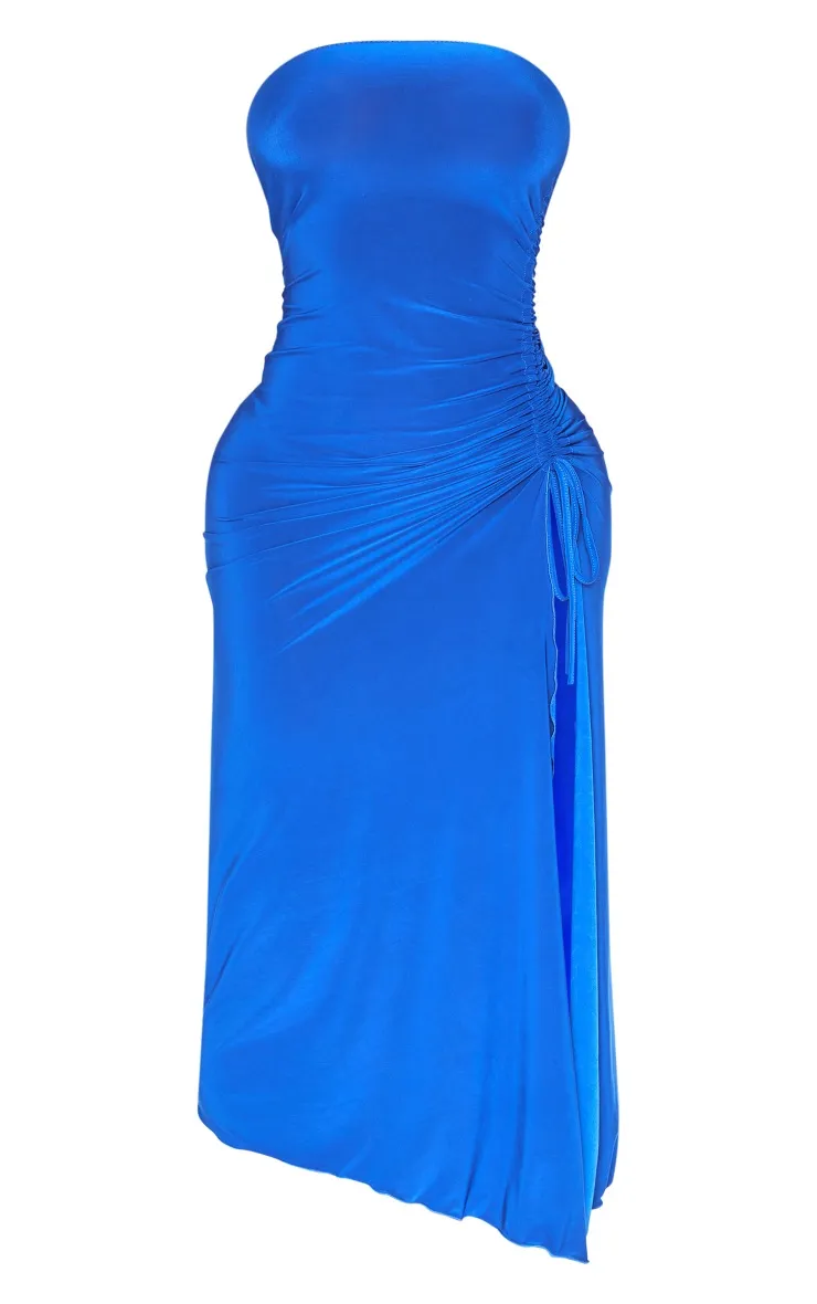 Shape Robe bustier moulante longue bleu vif à côtés froncés et ourlet volanté